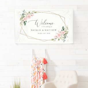 Pink Flowers, White Flowers, Boho, Wedding Welcome Banner
