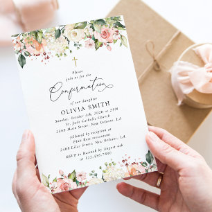 Pink Flowers, White Flowers, Floral Confirmation Invitation