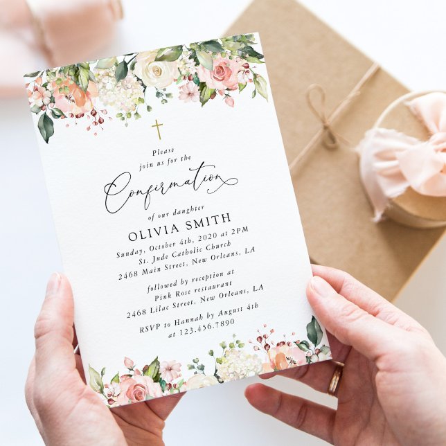 Pink Flowers, White Flowers, Floral Confirmation Invitation (Creator Uploaded)