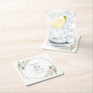 Pink Flowers, White Flowers, Greenery, Baby Shower Square Paper Coaster