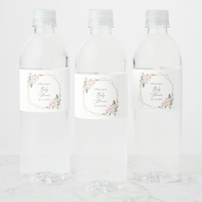 Pink Flowers, White Flowers, Greenery, Baby Shower Water Bottle Label (Bottles)