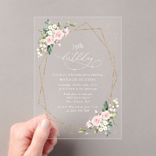 Pink Flowers, White Flowers, Greenery, Birthday Acrylic Invitations
