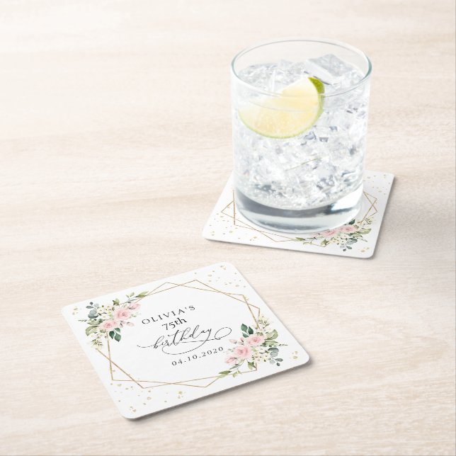 Pink Flowers, White Flowers, Greenery, Birthday Square Paper Coaster (Insitu)