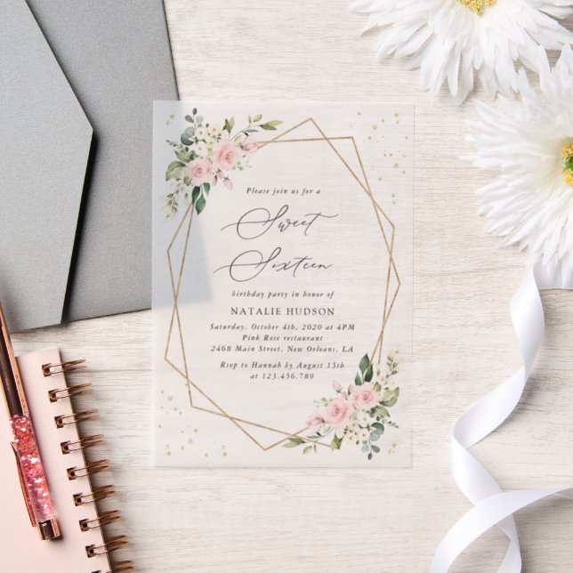 Pink Flowers, White Flowers, Greenery, Sweet 16 Vellum Invitations (Wedding)