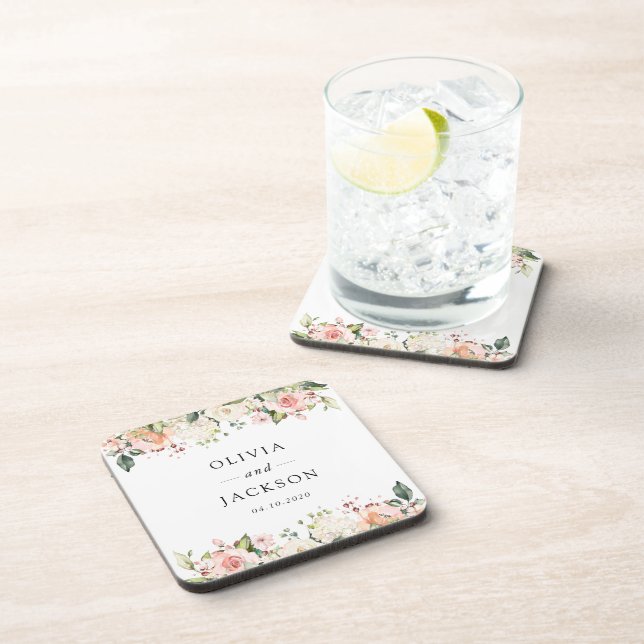 Pink Flowers, White Flowers, Greenery, Wedding Coaster (Right Side)