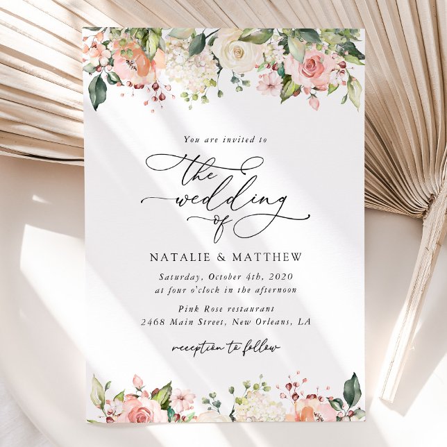 Pink Flowers, White Flowers, Greenery, Wedding Invitation (Creator Uploaded)