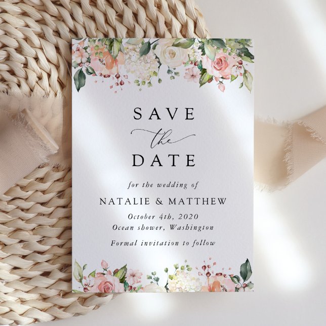 Pink Flowers, White Flowers, Greenery, Wedding Save The Date (Creator Uploaded)