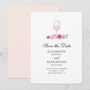 Pink flowers. Wine glass. Roses save the date Invitation