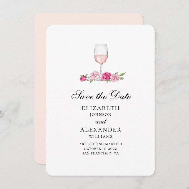 Pink flowers. Wine glass. Roses save the date Invitation (Front/Back)