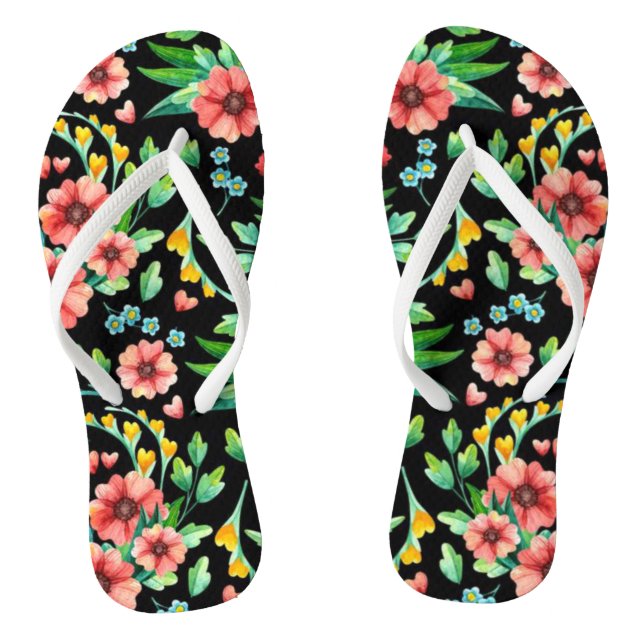 Pink Flowers with Black Background-235 Jandals (Footbed)
