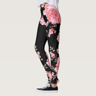 Pink flowers with black background legging. leggings