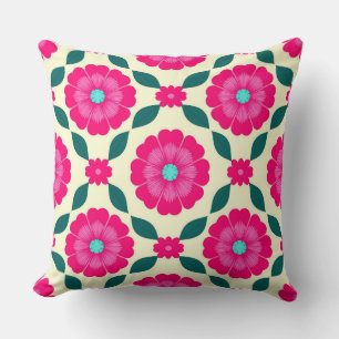 Pink Flowers With Blue Centres and Green Leaves Cushion