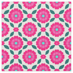 Pink Flowers With Blue Centres and Green Leaves Fabric