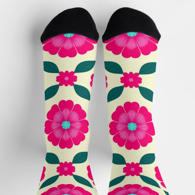Pink Flowers With Blue Centres and Green Leaves Socks (Top)