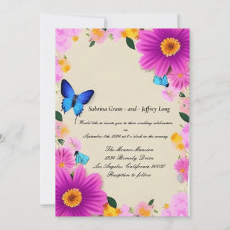 Pink Flowers with Butterflies Wedding Invitation