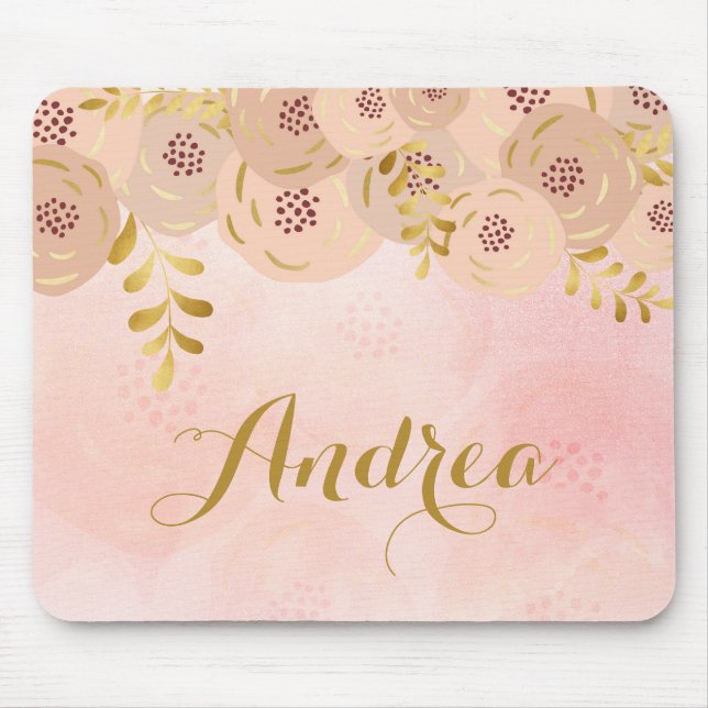 Pink Flowers with Gold Foil Accent Personalised Mouse Pad (Front)