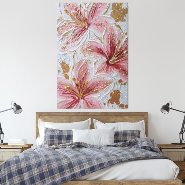 Pink Flowers with Gold Texture Abstract Wall Art (Insitu(Bedroom))