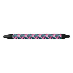 Pink Flowers with Green Leaves Partern-79066 Black Ink Pen