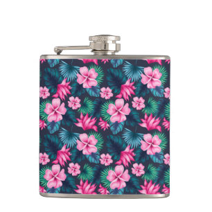 Pink Flowers with Green Leaves Partern-79066 Hip Flask
