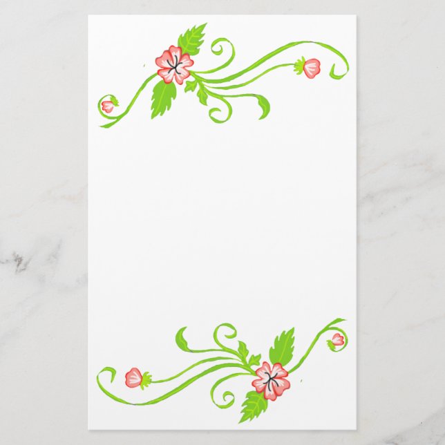 Pink Flowers with Green Vine Stationery (Front)