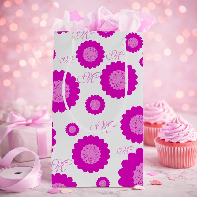 Pink Flowers With Initial Script Text Gift Bag (Hand drawn pink flowers and script initial gift bag is both pretty and personal.)