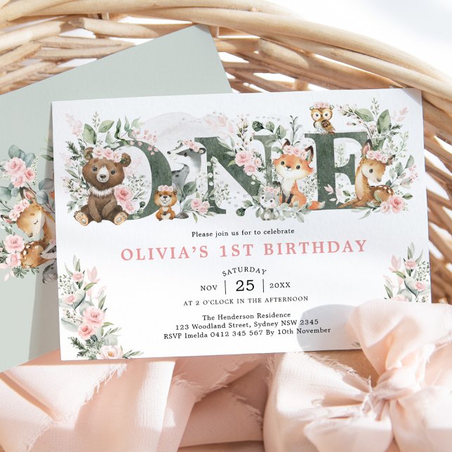 Pink Flowers Woodland Animals 1st Birthday Girl Invitation (Creator Uploaded)