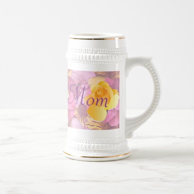 Pink Flowers Yellow Rose Mum Beer Stein (Right)