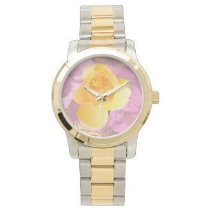 Pink Flowers Yellow Rose Two-Toned Bracelet Watch