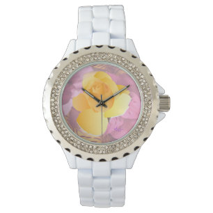 Pink Flowers Yellow Rose White Rhinestone Watch