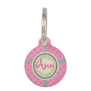 Pink & Flowery with Name Label & Ribbon Pet Tag