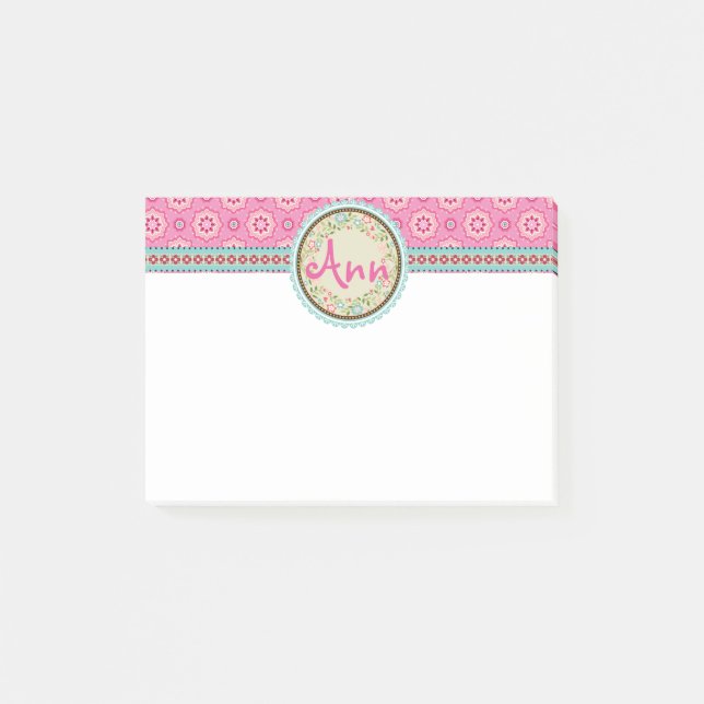 Pink & Flowery with Name Label & Ribbon Post-it Notes (Front)