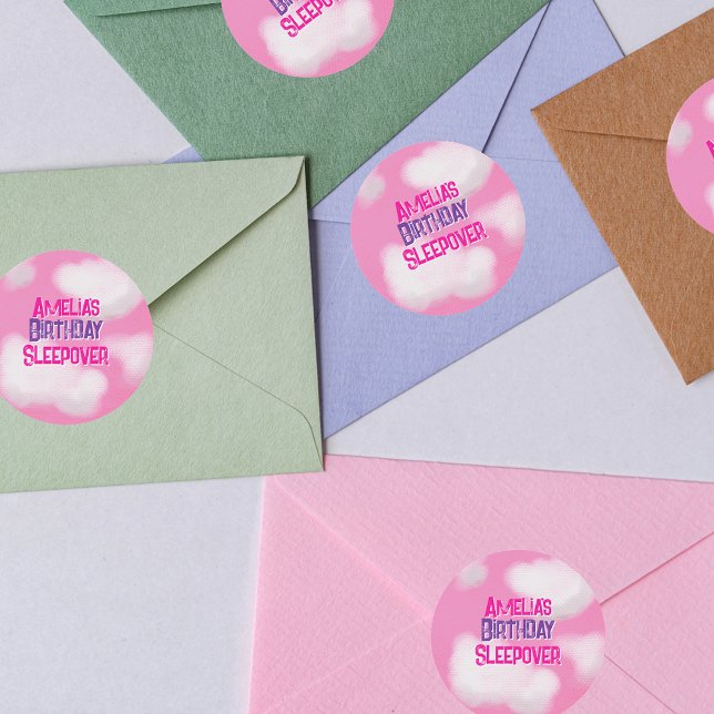 Pink fluffy clouds Personalised Birthday Classic Round Sticker (Creator Uploaded)