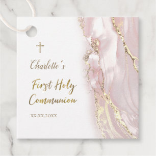 pink fluid marble First Communion Favour Tags