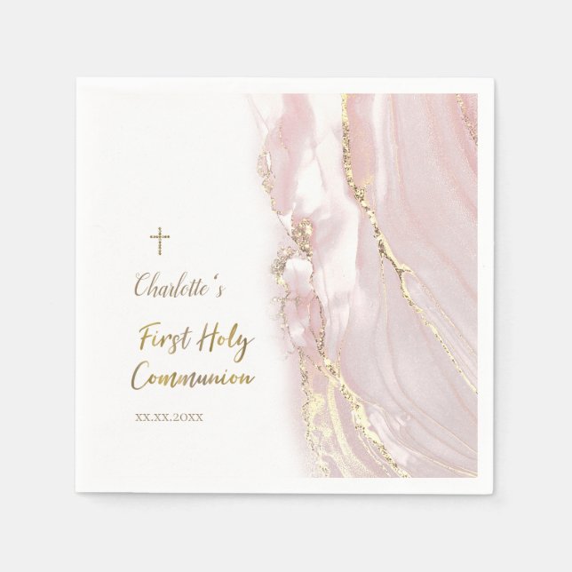 pink fluid marble First Communion Napkin (Front)