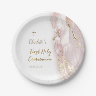 pink fluid marble First Communion Paper Plate