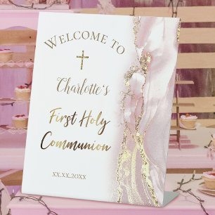 pink fluid marble   First Communion Pedestal Sign