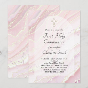 pink fluid marble First Holy Communion Invitation