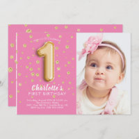Pink Foil Balloon Photo 1st Birthday Invitation