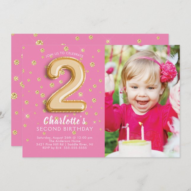 Pink Foil Balloon Photo 2nd Birthday Invitation (Front/Back)