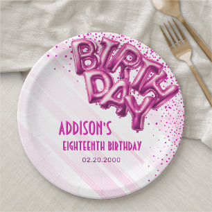Pink Foil Balloons Birthday Paper Plate