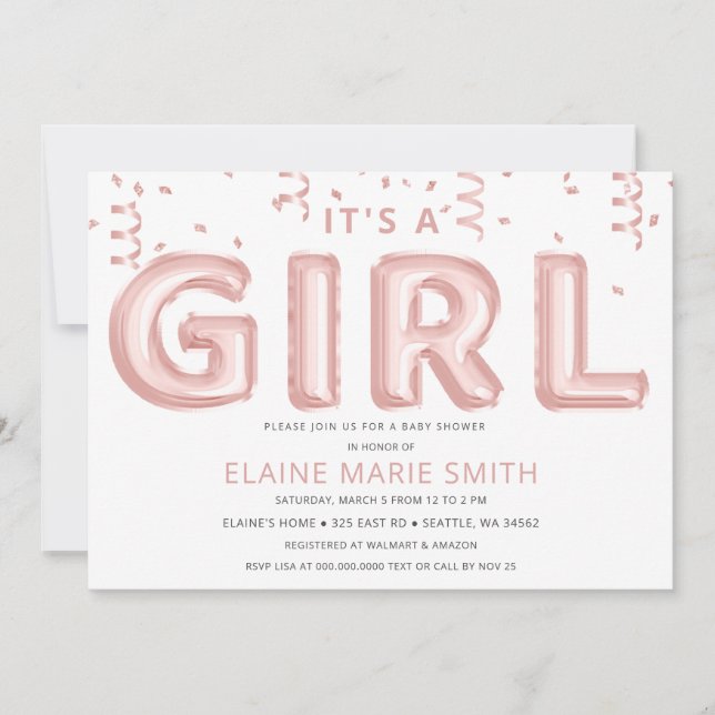 Pink Foil Balloons Confetti Girl Baby Shower Invitation (Front)