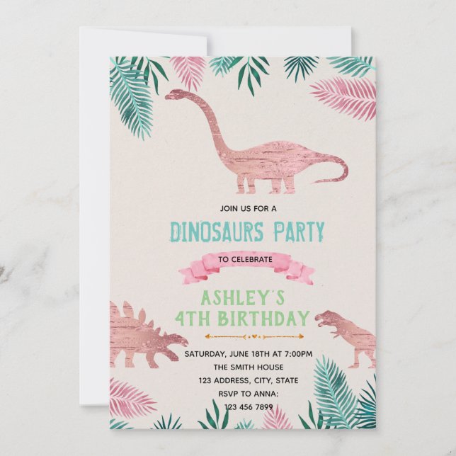 Pink foil dinosaur theme invitation (Front)