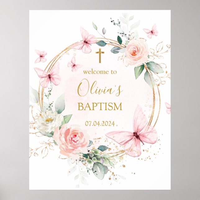 Pink Fold Butterfly Baptism welcome sign (Front)