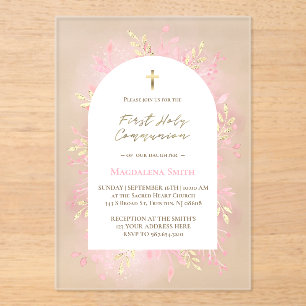 pink foliage First Holy Communion frosted  Acrylic Invitations