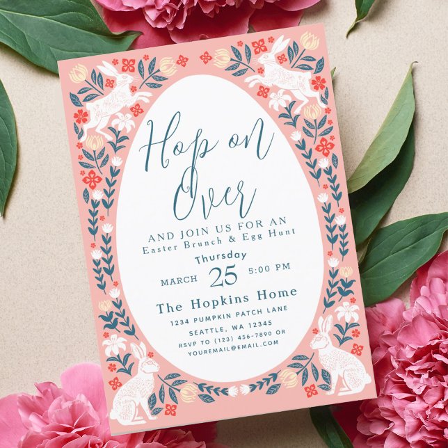 Pink Folk Art Hop On Over Easter Brunch  Invitation (Creator Uploaded)