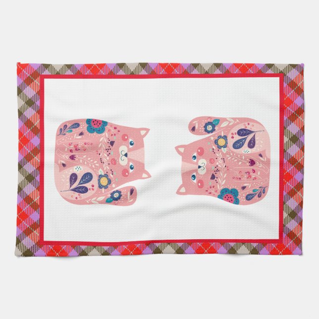 Pink Folk Art Kitty Kitchen Towel (Horizontal)
