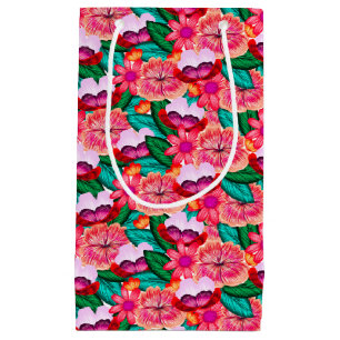 Pink Folkart Summer Bloom Flowers  Small Gift Bag