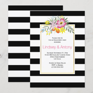 Pink folklore flowers and stripes engagement party invitation