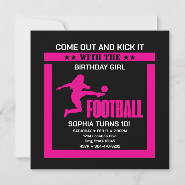 Pink Football Player Girl, Birthday Girl Team  Invitation (Front)
