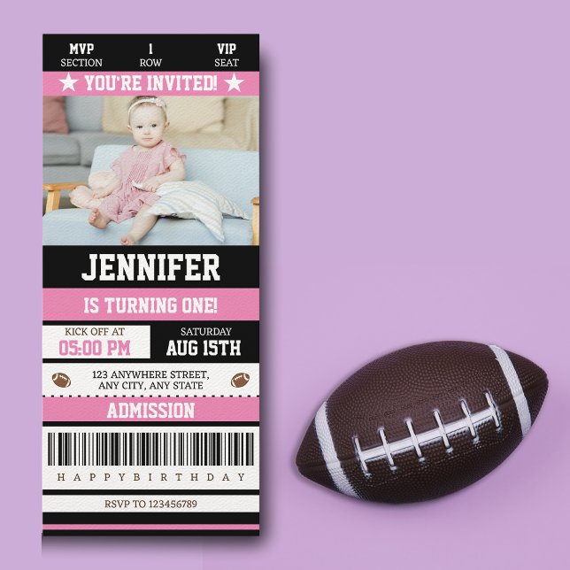 Pink Football Ticket Girl Birthday Party Photo Invitation (Creator Uploaded)